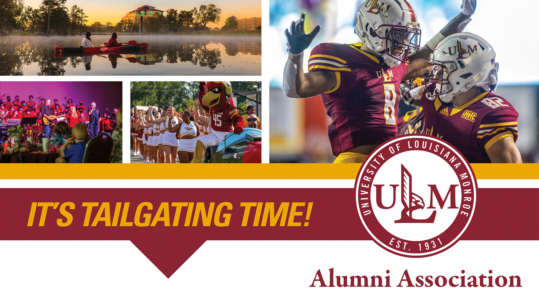 Promotional graphic for ULM tailgating featuring photos of football players celebrating, the Warhawk mascot with fans, campus scenes on Bayou Desiard, and the University of Louisiana Monroe logo with the text “It’s Tailgating Time!”