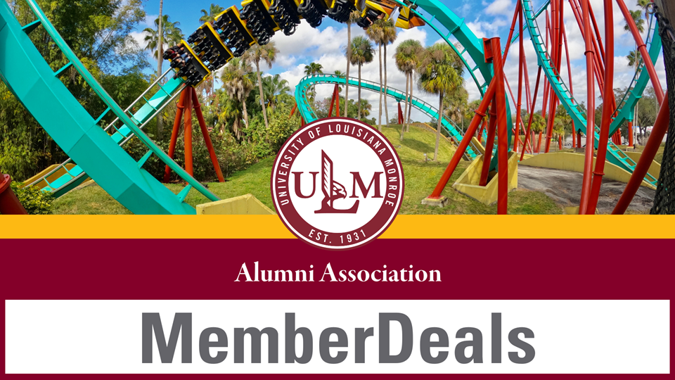 ULM Alumni Association MemberDeals graphic promoting travel and leisure discounts for alumni members.