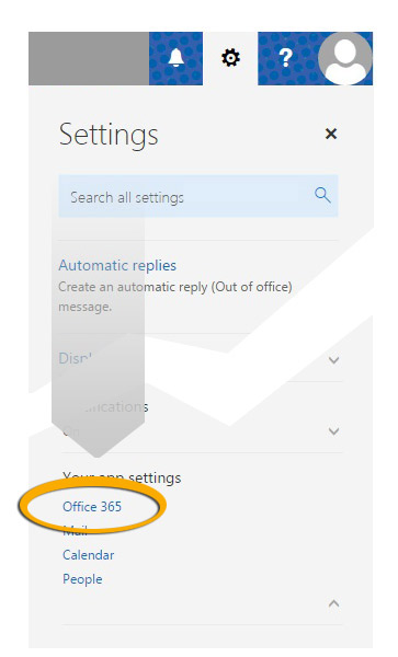 settings panel highlighting office365 option near bottom screenshot highlighting office365 option near bottom