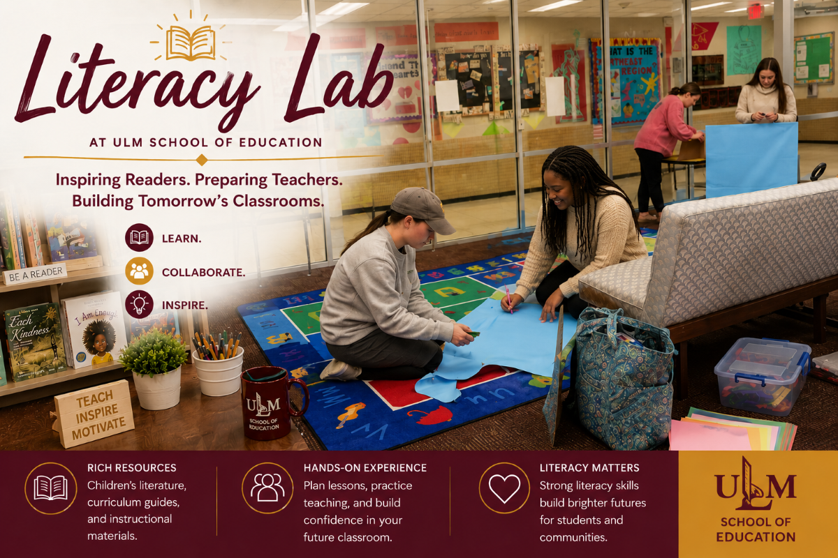 students literacy lab Literacy Lab at the University of Louisiana Monroe School of Education, featuring students working on a project on the rug